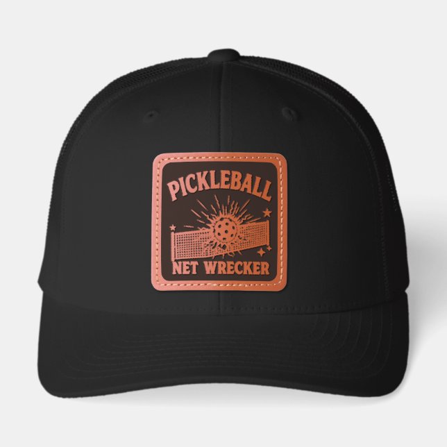 Funny Bold Pickleball Net Smash Coach Leather Patch Hat (Front)