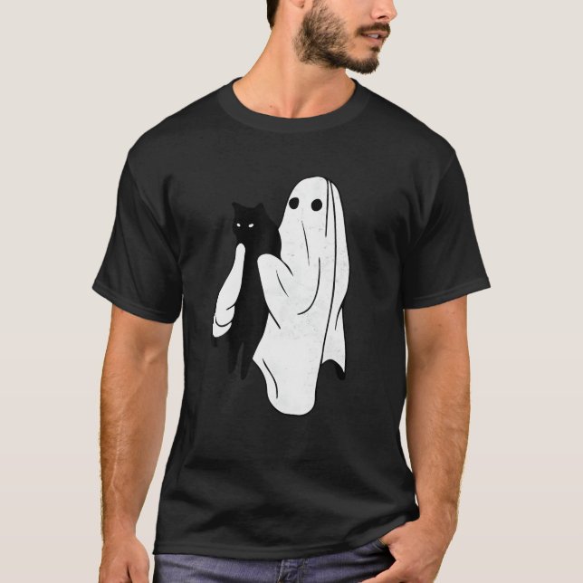 Funny Boo Ghost Holding Black Cat Halloween Spooky T-Shirt (Front)