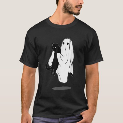 Funny Boo Ghost Holding Black Cat Halloween Spooky T_Shirt