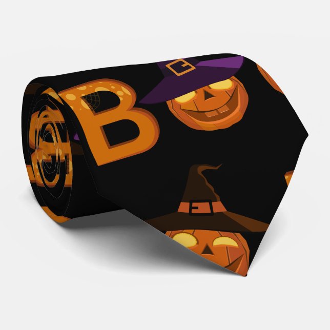 Funny Boo Halloween Pumpkin Illustration    Neck Tie (Rolled)
