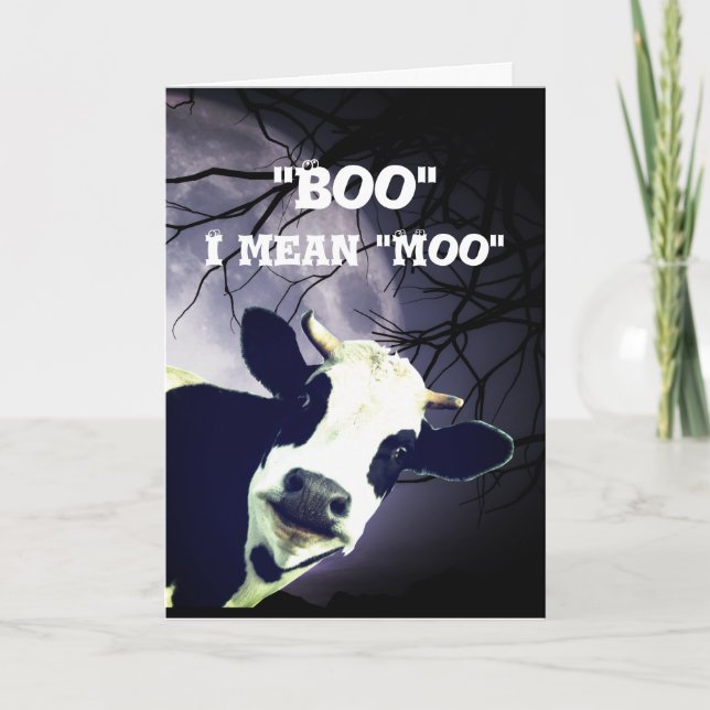 Funny Boo I mean Moo Cow Moon Halloween Card (Front)