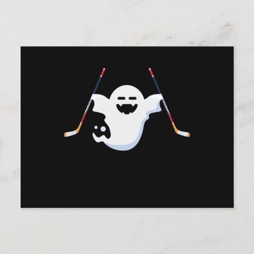 Funny Boo Playing Ice Hockey Halloween Long Sleeve Holiday Postcard
