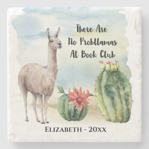 Funny Book Club Llama Cactus Watercolor Monogram Stone Coaster