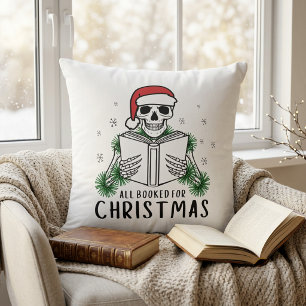Funny Book Lover Christmas Reading Skeleton Throw Pillow