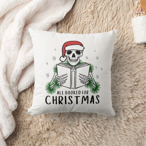 Funny Book Lover Christmas Reading Skeleton Throw Pillow