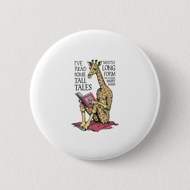 Funny Book Lover Giraffe Long Form Tall Tales Read Button (Front)