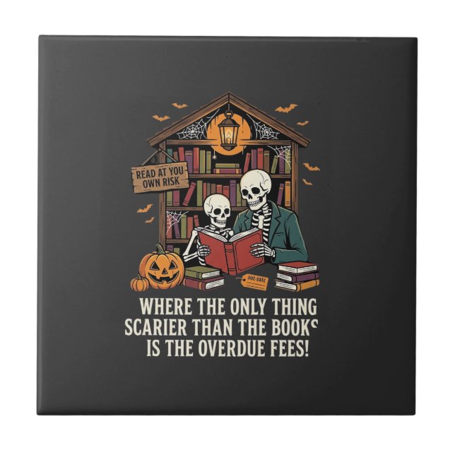 Funny Book Lover Halloween Skeleton Library Design Ceramic Tile (Front)