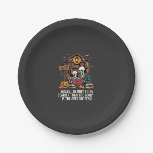 Funny Book Lover Halloween Skeleton Library Design Paper Plates
