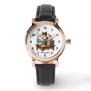 Funny book nerd ladies cat customizable watch