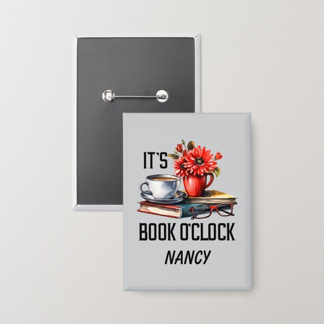 Funny book o'clock word art button (Front/Back)