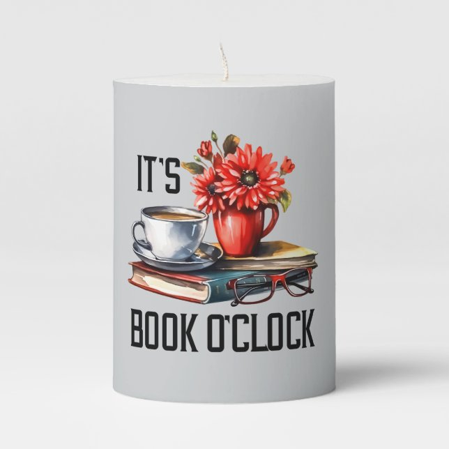 Funny book o'clock word art pillar candle (Front)