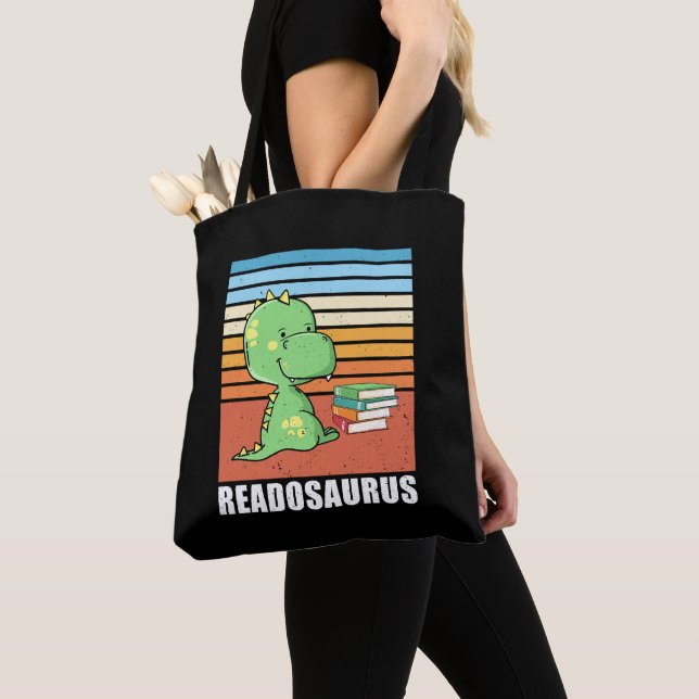 Funny Book Readosaurus Dinosaur Reading Dino Retro Tote Bag (Close Up)