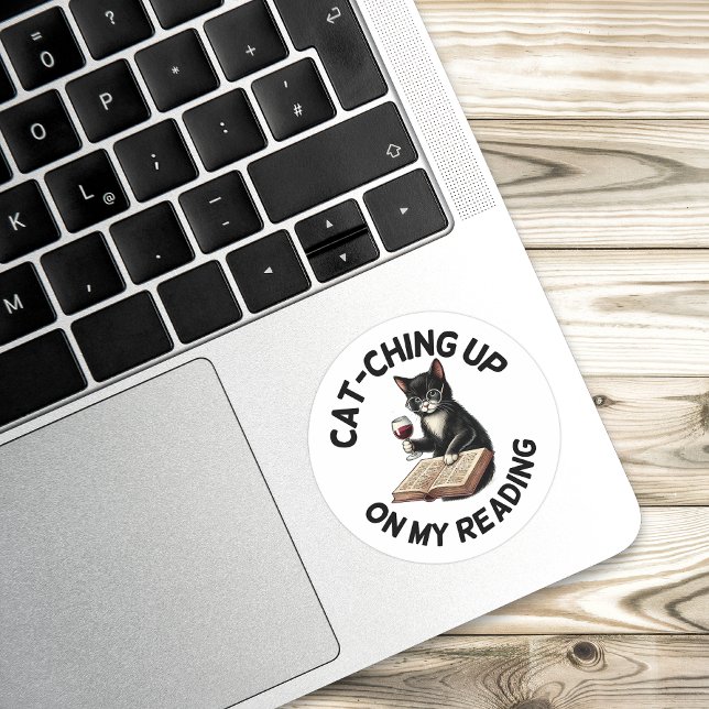 Funny Bookish Drinking Cat Reading Classic Round Sticker (funny cat pun reading sticker)
