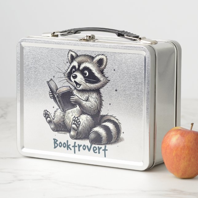 Funny Booktrovert Raccoon Snack & Study Metal Lunch Box (In Situ)