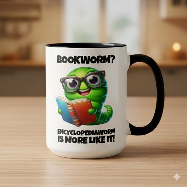 Funny Bookworm? Encyclopediaworm is More Like It! Mug (Bookworm More Like Encyclopediaworm Two-Tone 15oz Combo Mug Cover Photo)