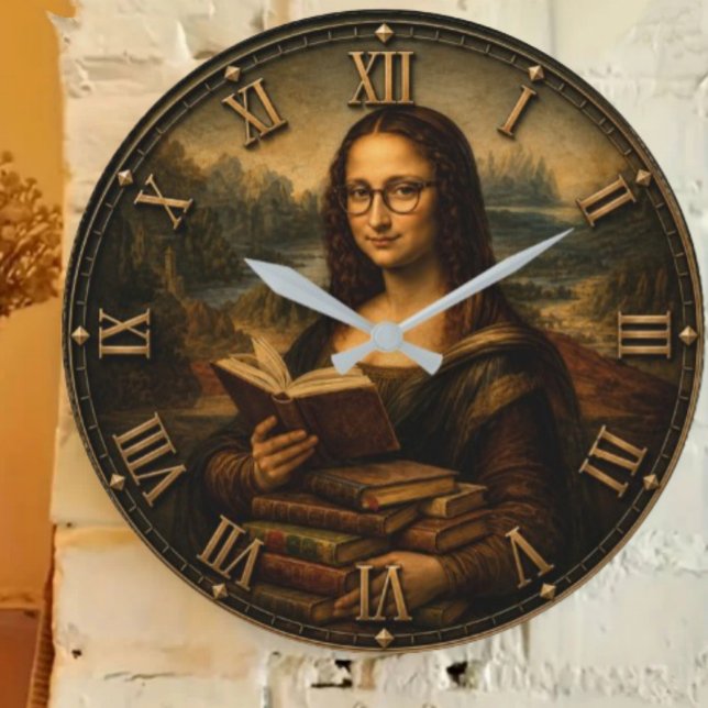Funny Bookworm Mona Lisa Reading Lover Renaissance Large Clock (Creator Uploaded)