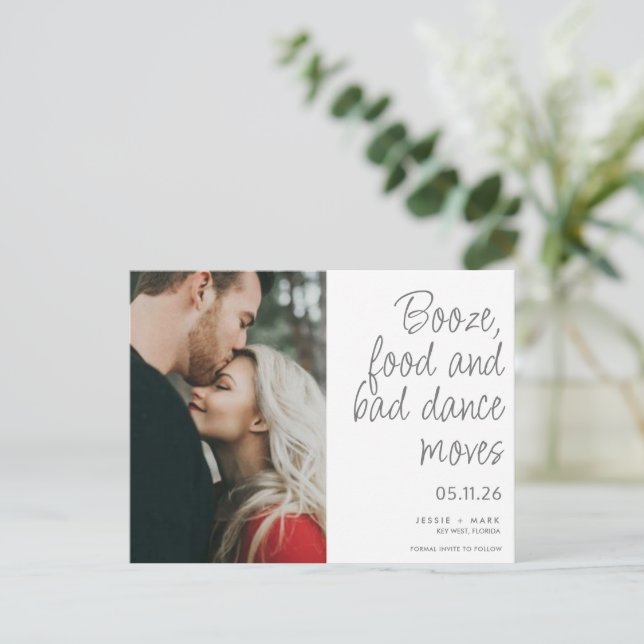 Funny Booze Food Bad Dance Moves Save the Date Announcement Postcard (Standing Front)