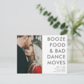 Funny Booze, Food, Bad Dance Moves Save the Dates Announcement Postcard (Standing Front)