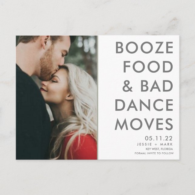Funny Booze, Food, Bad Dance Moves Save the Dates Announcement Postcard (Front)