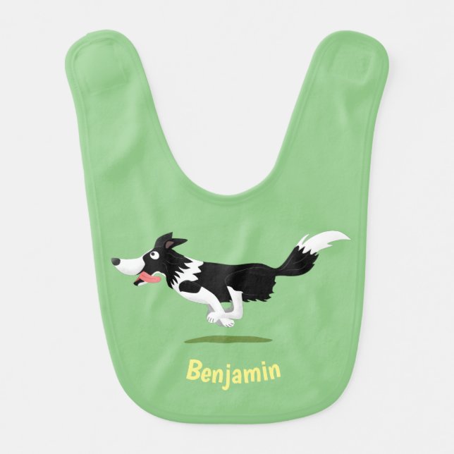 Funny Border Collie dog running cartoon Baby Bib (Front)