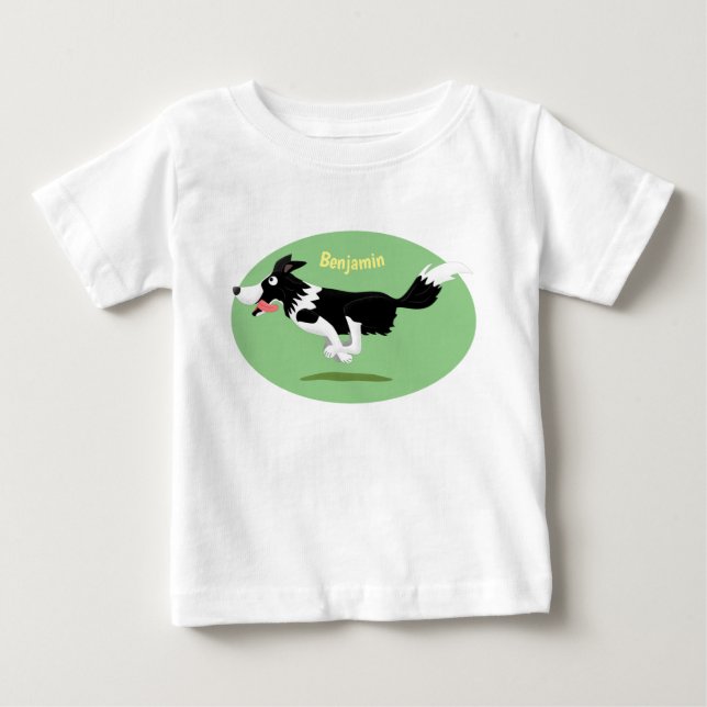 Funny Border Collie dog running cartoon   Baby T-Shirt (Front)