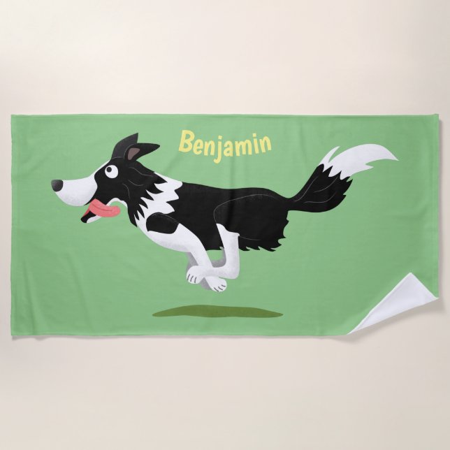 Funny Border Collie dog running cartoon Beach Towel (Front)