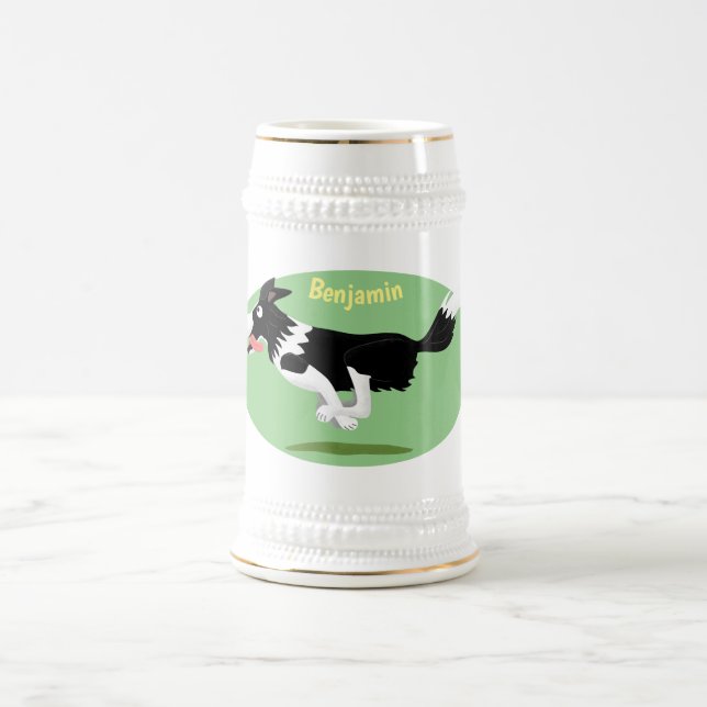 Funny Border Collie dog running cartoon Beer Stein (Center)