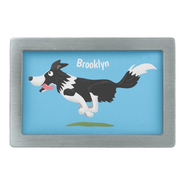 Funny Border Collie dog running cartoon Belt Buckle (Front)