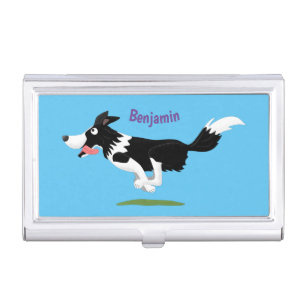 Funny Border Collie dog running cartoon Business Card Case