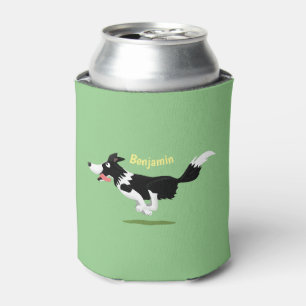 Funny Border Collie dog running cartoon Can Cooler