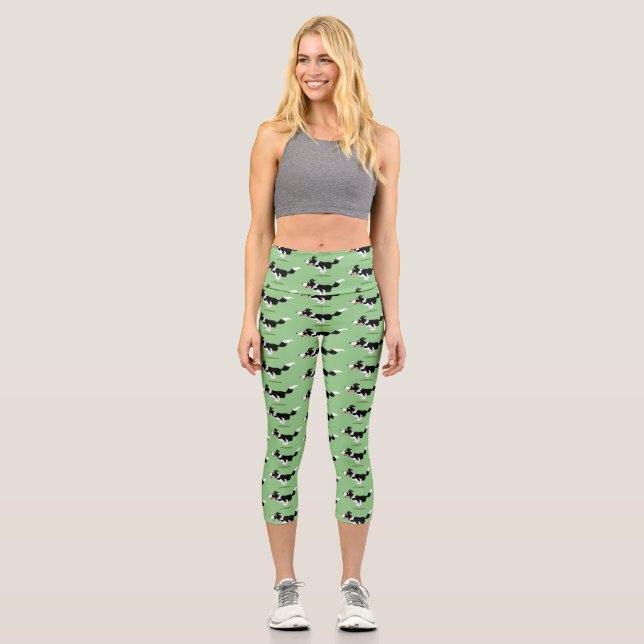 Funny Border Collie dog running cartoon Capri Leggings (Front)