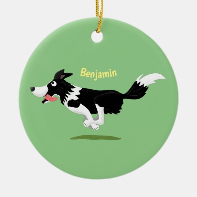 Funny Border Collie dog running cartoon Ceramic Ornament (Front)