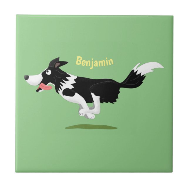 Funny Border Collie dog running cartoon Ceramic Tile (Front)