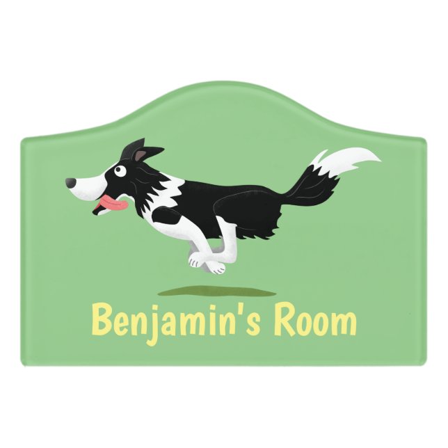Funny Border Collie dog running cartoon Door Sign (Small Crest Front)