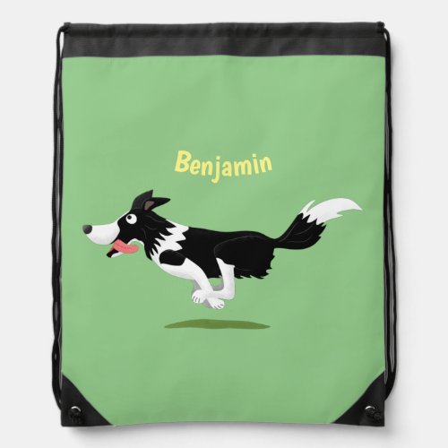 Funny Border Collie dog running cartoon Drawstring Bag