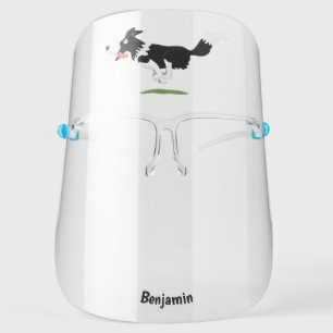 Funny Border Collie dog running cartoon Face Shield