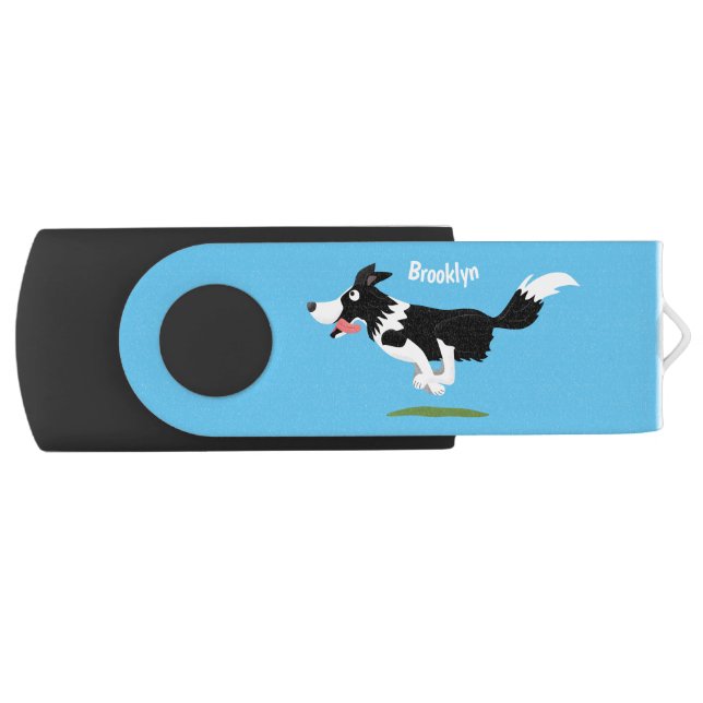 Funny Border Collie dog running cartoon  Flash Drive (Front)