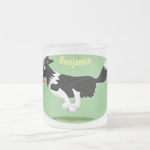 Funny Border Collie dog running cartoon Frosted Glass Coffee Mug