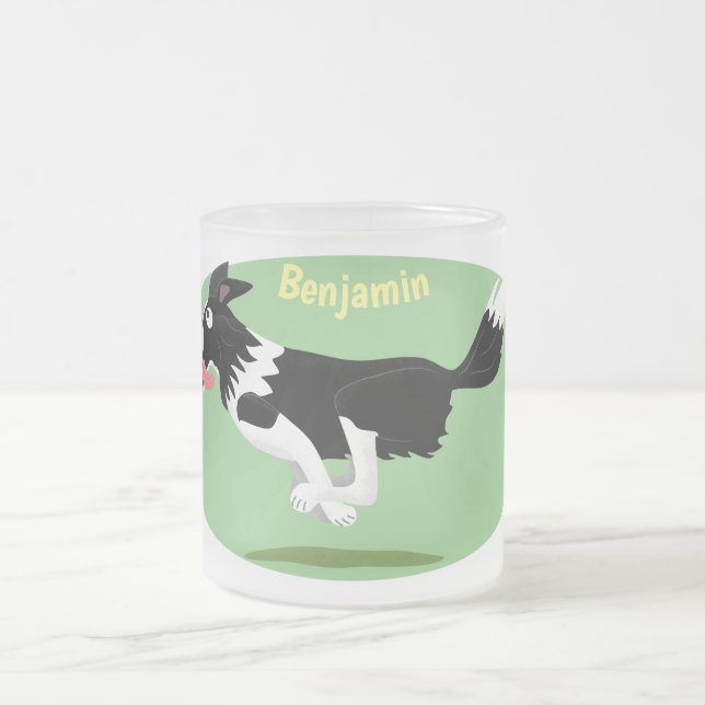 Funny Border Collie dog running cartoon Frosted Glass Coffee Mug (Center)