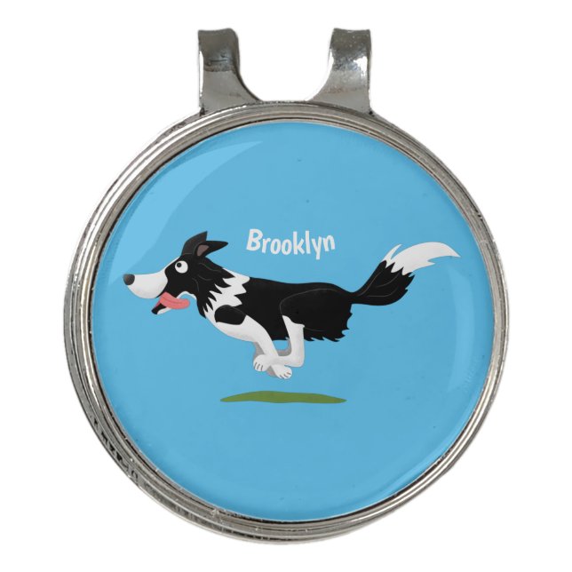 Funny Border Collie dog running cartoon Golf Hat Clip (Front)