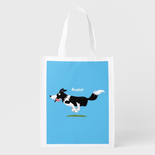 Funny Border Collie dog running cartoon Grocery Bag (Front)