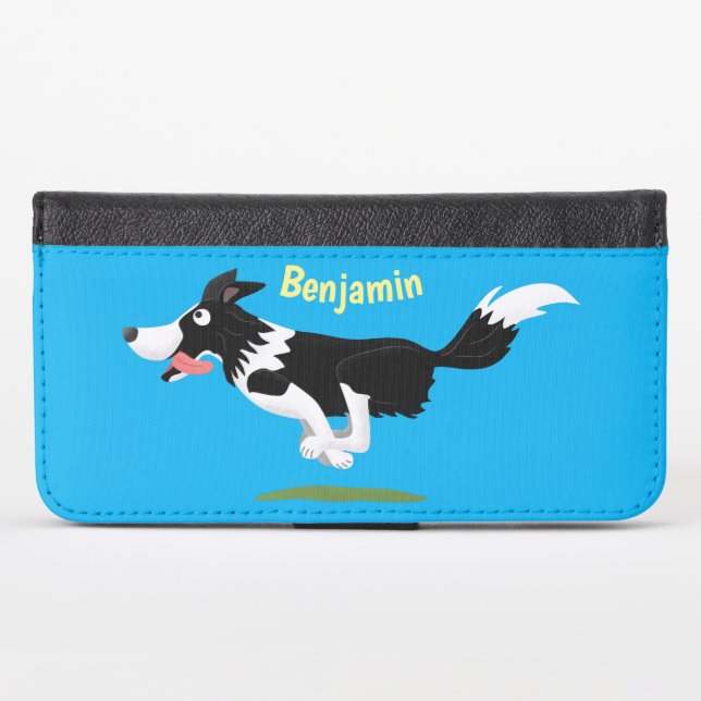 Funny Border Collie dog running cartoon iPhone Wallet Case (Front (Horizontal))