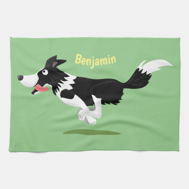 Funny Border Collie dog running cartoon Kitchen Towel (Horizontal)
