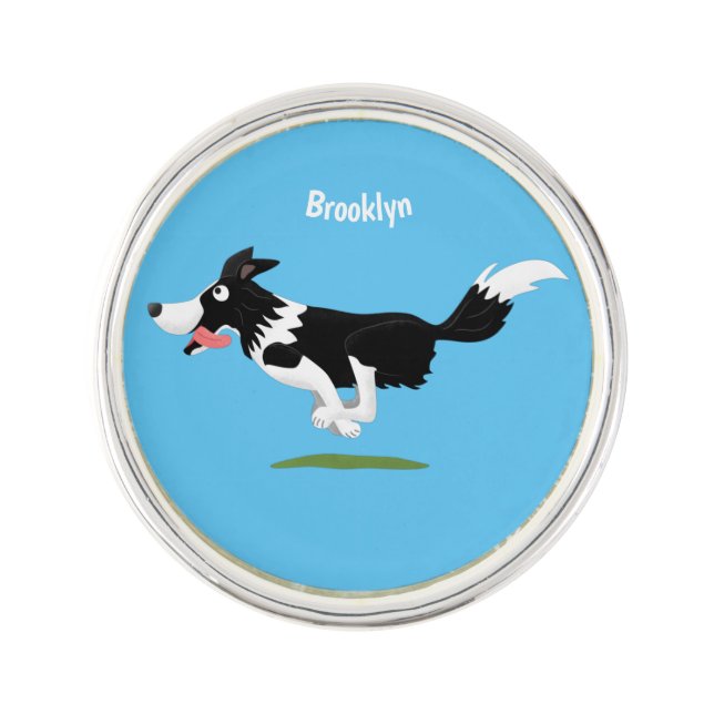 Funny Border Collie dog running cartoon Lapel Pin (Front)