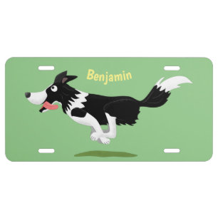 Funny Border Collie dog running cartoon License Plate