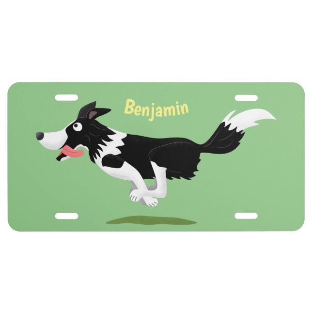 Funny Border Collie dog running cartoon License Plate (Front)