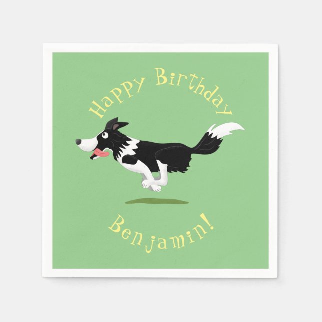 Funny Border Collie dog running cartoon Napkins (Front)