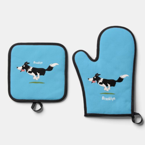 Funny Border Collie dog running cartoon Oven Mitt  Pot Holder Set