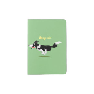 Funny Border Collie dog running cartoon Passport Holder