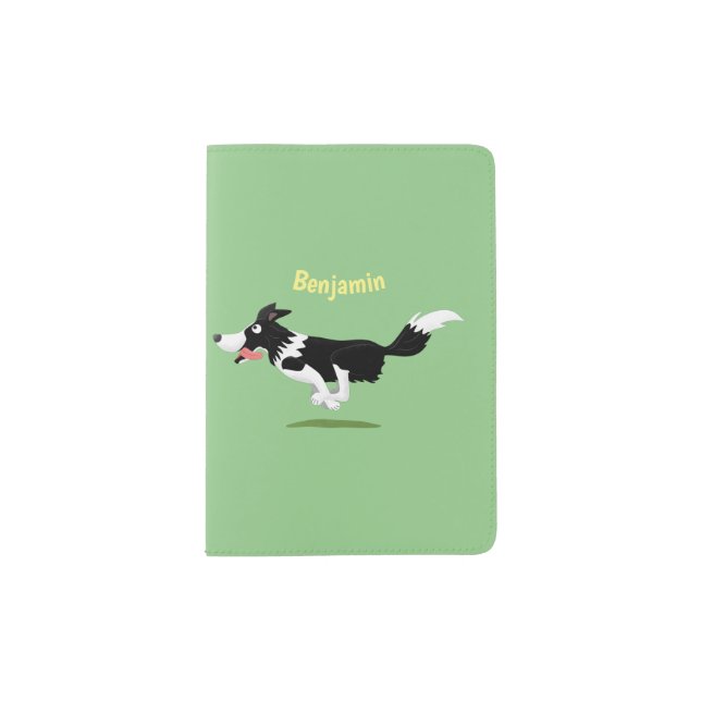 Funny Border Collie dog running cartoon Passport Holder (Front)